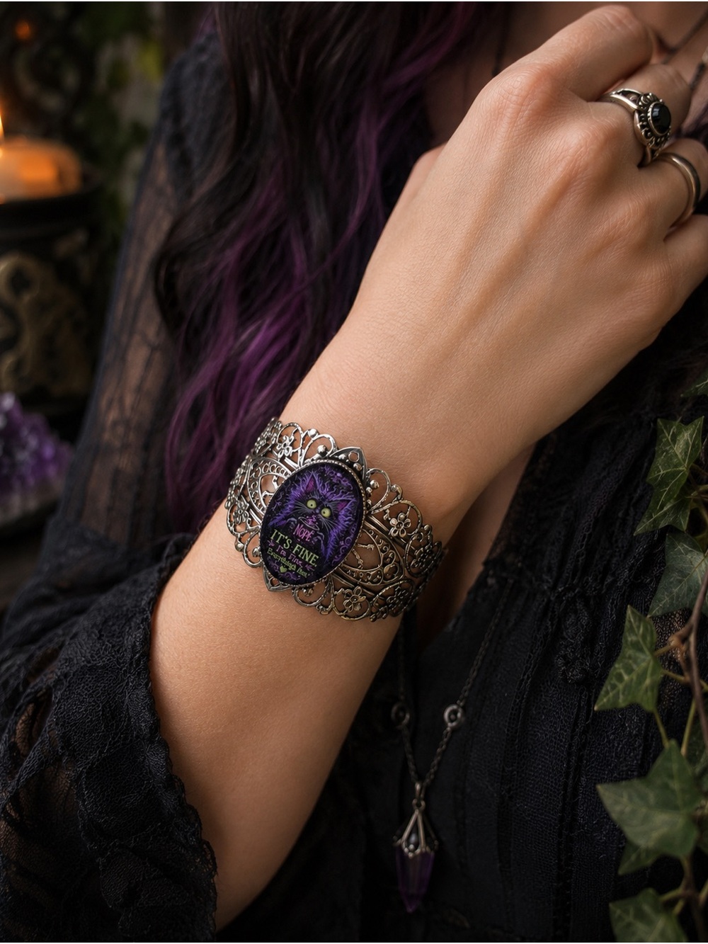 Victorian Filigree Frazzled Cat Cameo Bracelet - Purple & Gunmetal | Artisan